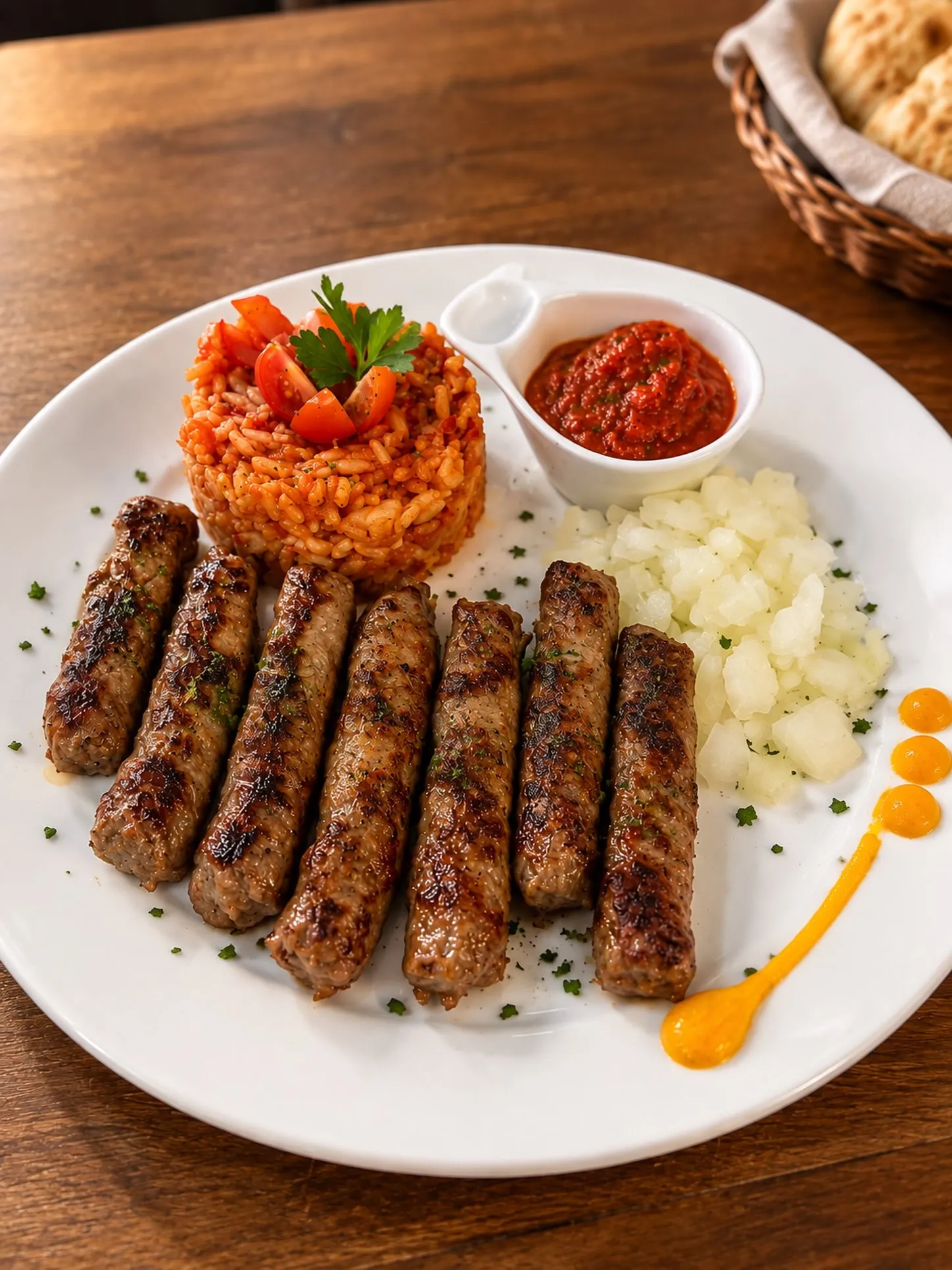 Teller mit sieben Cevapcici, Djuvecreis, Ajvar und Zwiebeln