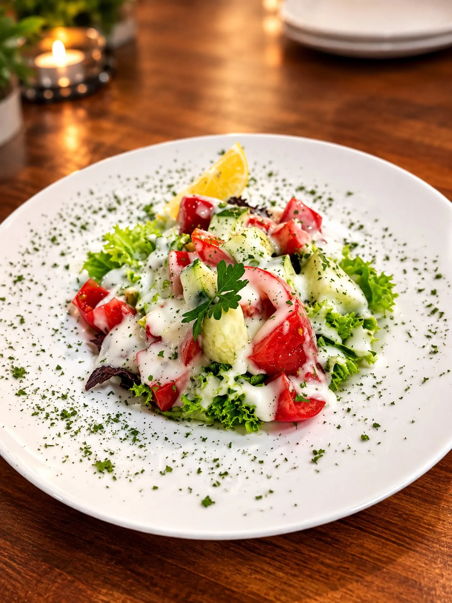 Gemischter Salat mit Tomaten, Gurken und Joghurtdressing